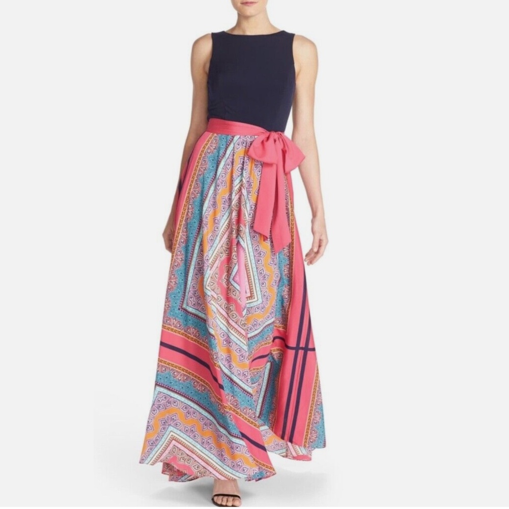 Eliza J Scarf Print Jersey & Crêpe de Chine Maxi Dress EUC!